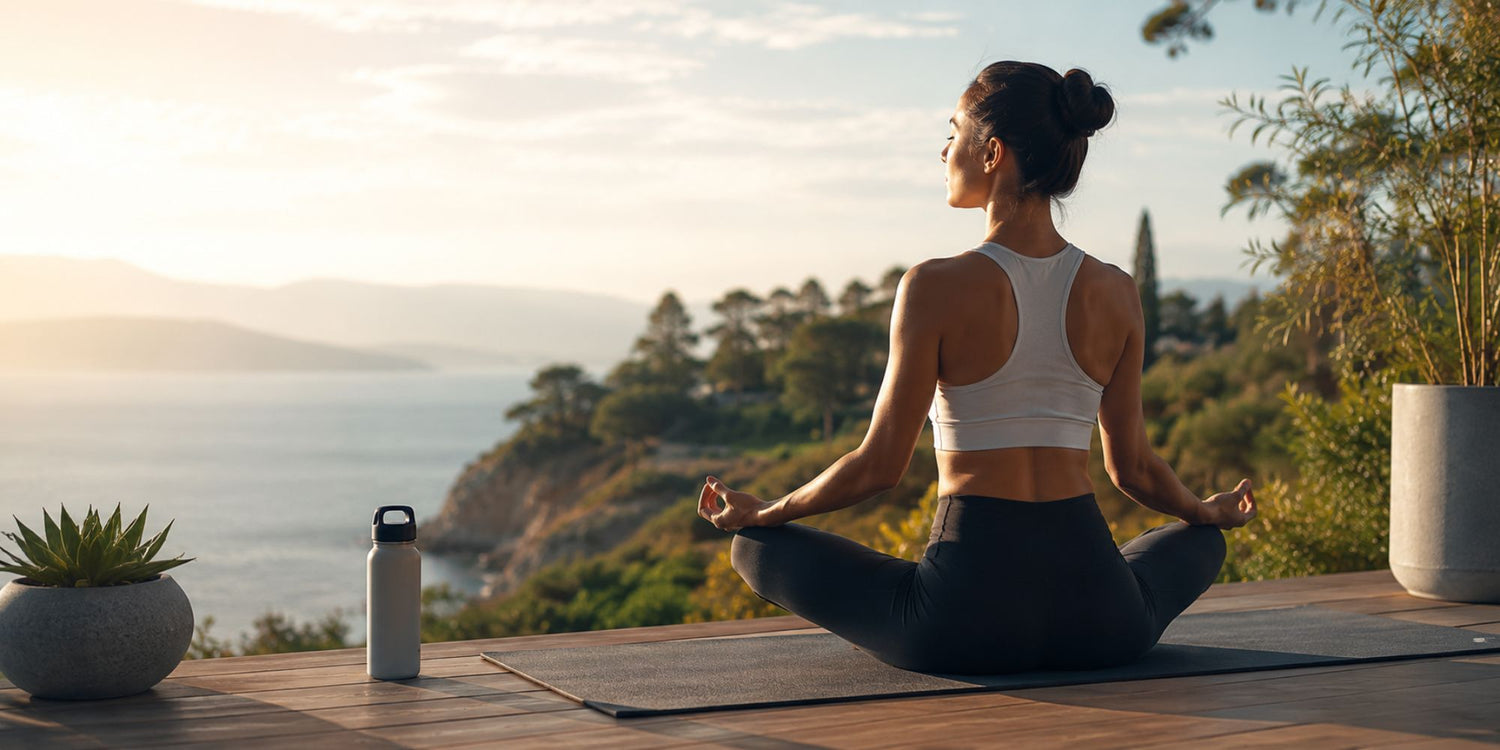 Woman meditating on a wooden deck with a scenic view of the ocean and mountains.