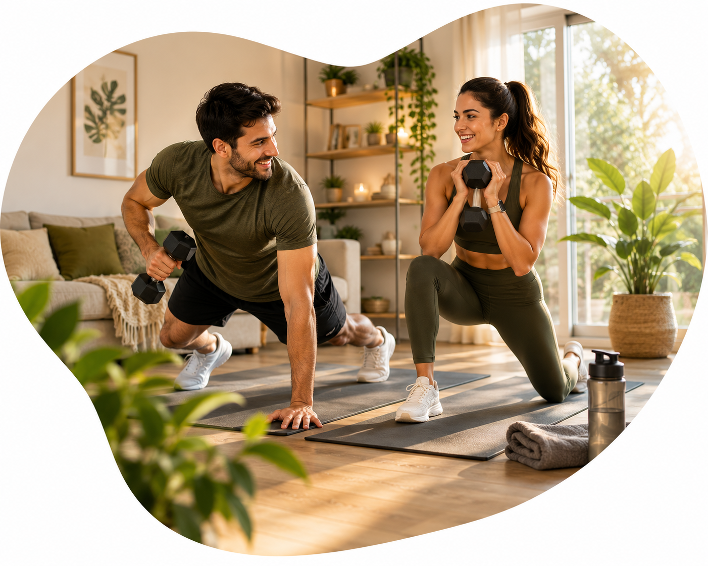 Man and woman exercising with dumbbells in a home setting