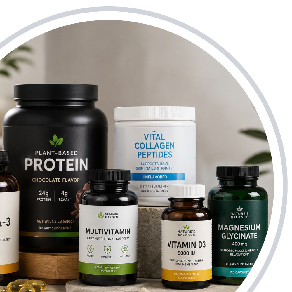 Collection of dietary supplements including protein powder, collagen peptides, multivitamins, and vitamins on a neutral background.