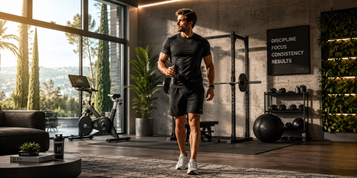 Man walking in a modern home gym with exercise equipment and large windows.