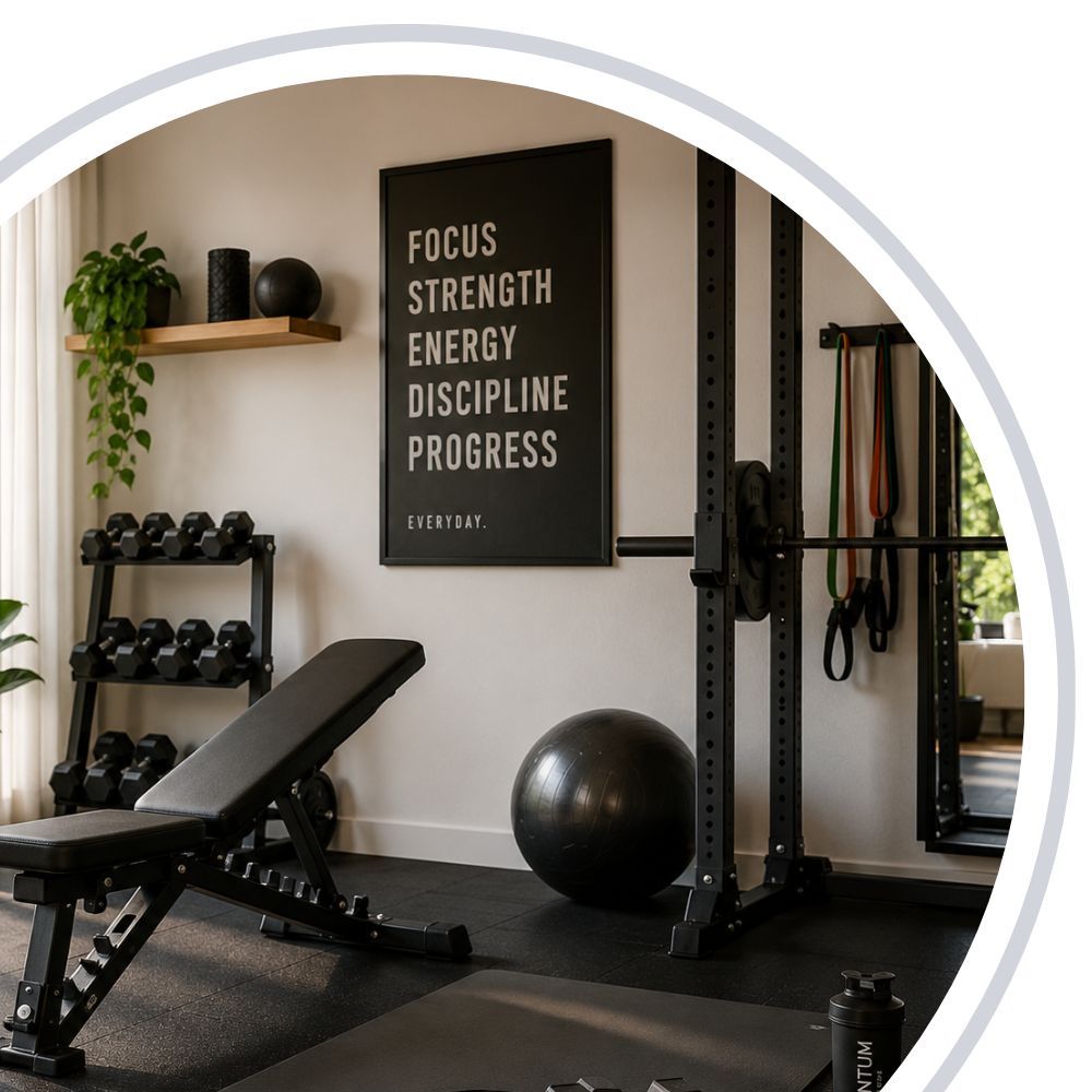 Home gym with weight bench, barbell, and motivational poster on the wall.