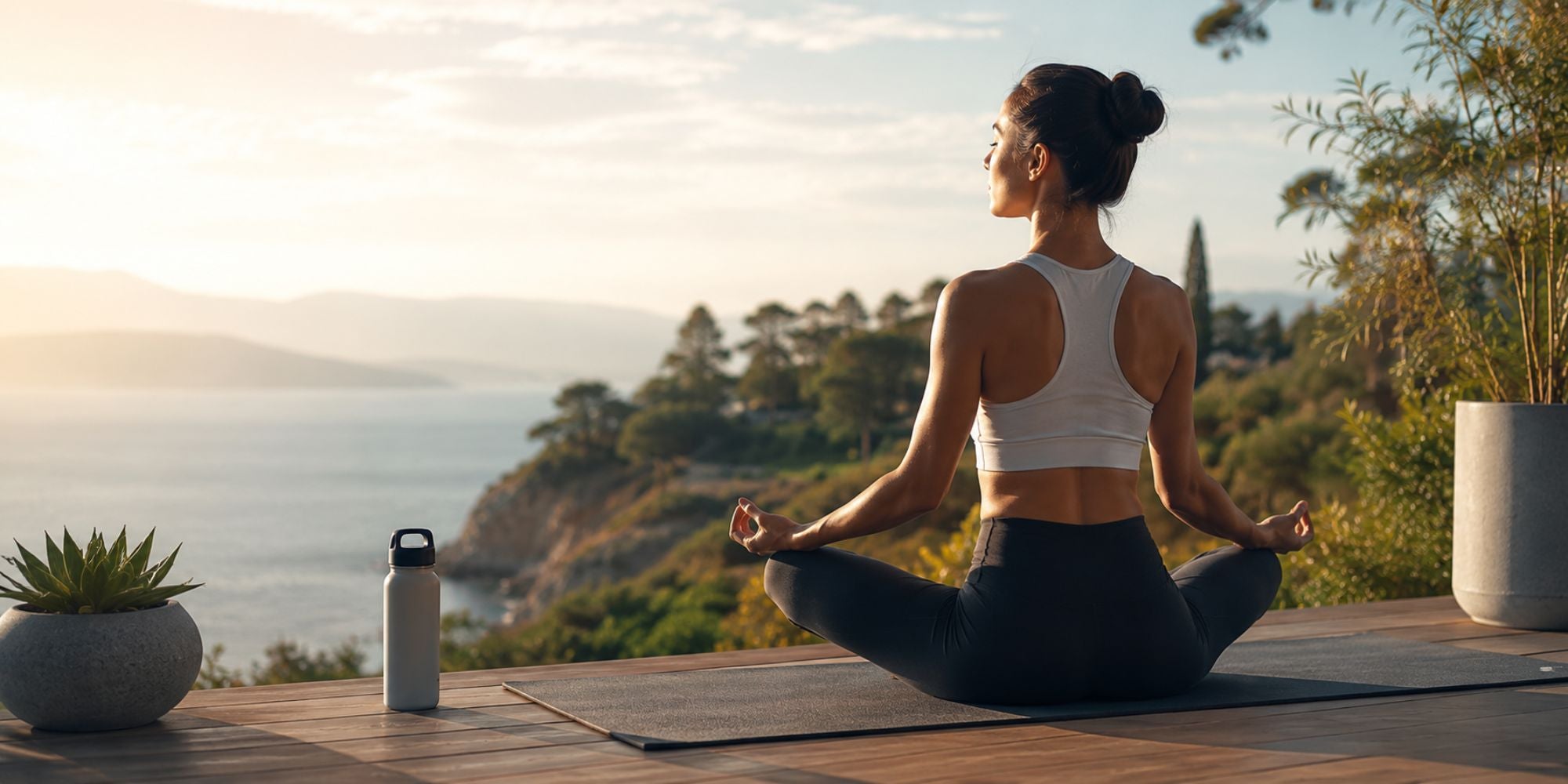 Woman meditating on a wooden deck with a scenic view of the ocean and mountains.