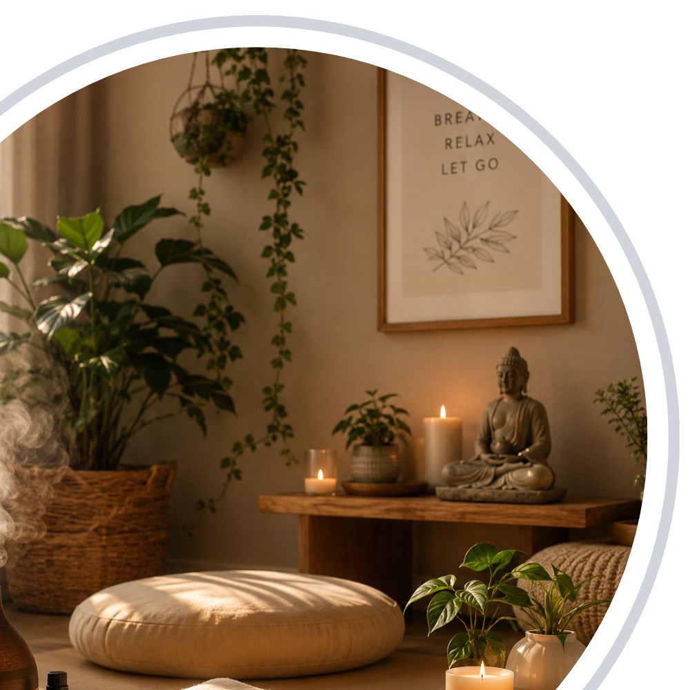 A serene indoor setting with a Buddha statue, candles, and plants in a warm-toned room.