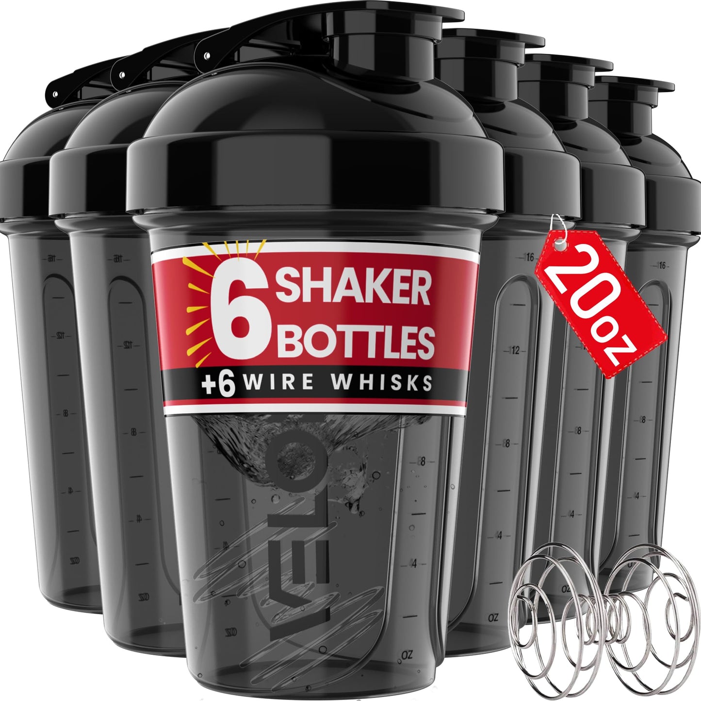 20oz Protein Shaker Bottles 6-Pack Set
